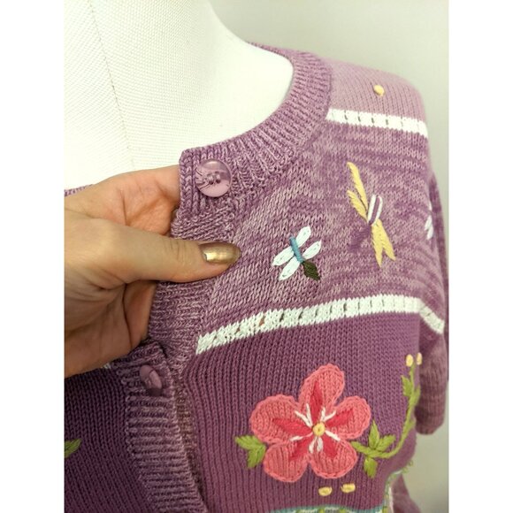 Vintage 90s Tabi Purple Cardigan Embroidered Butterfly Flower Grandmacore Knit M - Picture 5 of 10